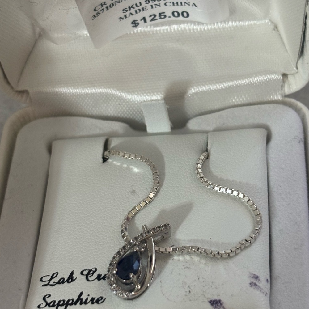 Kohl's Silver Necklace with Deep Blue Sapphire Gemstone on a Silver Chain NEW